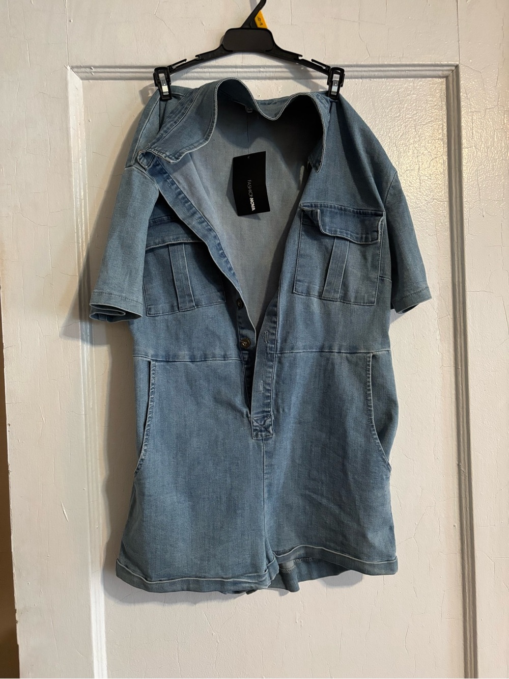 Fashion Nova Light Blue Denim Short-Sleeve Button Romper Shirt